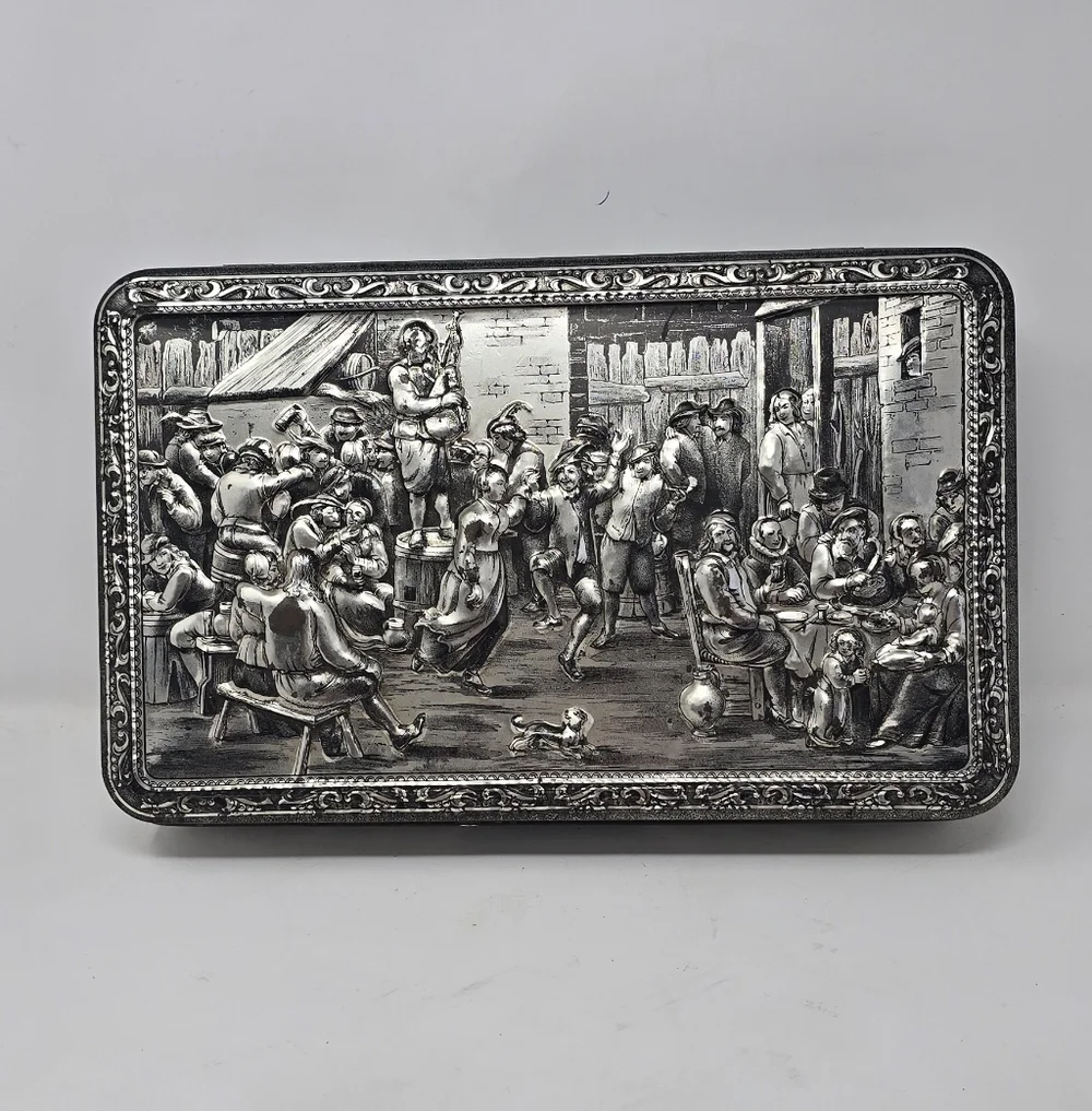 Vtg Teniers 3D tin box dancing socializing florentine biscuit‎ cookie box